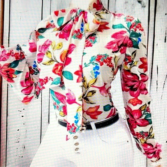 SHEIN Bow Tie Pink Multicolor Flower Blouse Size XL - Picture 12 of 12